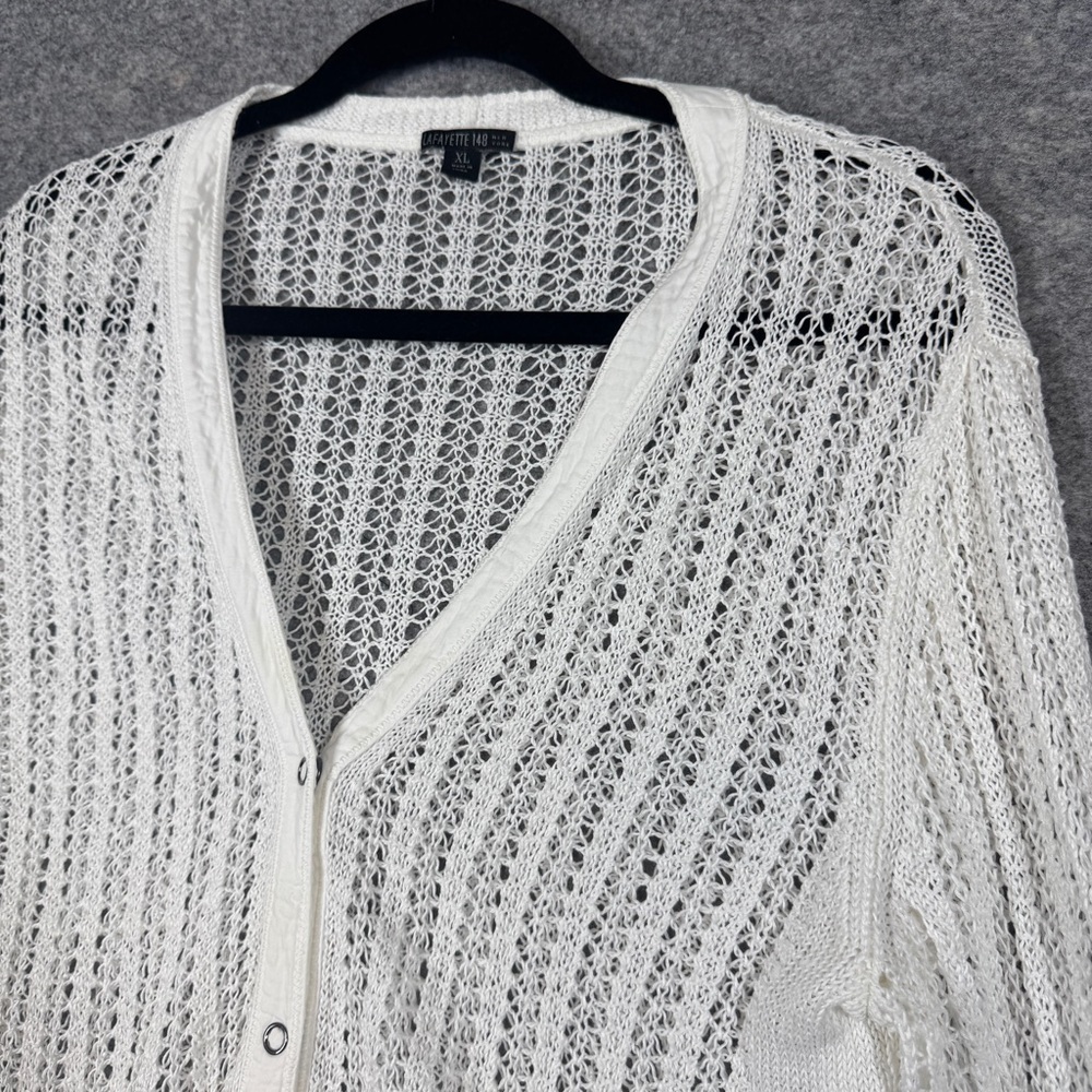 Lafayette 148 Hemp White Open Knit Cardigan Size XL Button Front Sweater Chic - Picture 4 of 15